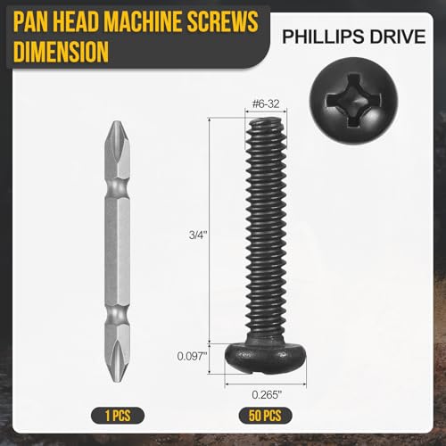 DTGN #6-32x3/4 Pan Head Machine Screw W/Screwdriver Bit 304 50pcs - size: #6-32x3/4"
