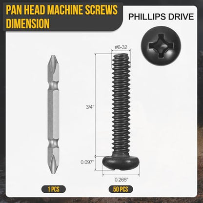 DTGN #6-32x3/4 Pan Head Machine Screw W/Screwdriver Bit 304 50pcs - size: #6-32x3/4"