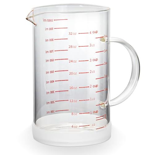4 Cup Glass Measuring Cup with Handle, 77L High Borosilicate Glass Measuring Cup with V-Shaped and Three Scales (Cup, OZ, ML), Glass Liquid Beaker with Silicone Base, Double-Sided Measure Scales - color: Clear, size: 4 Cup, 1000ML
