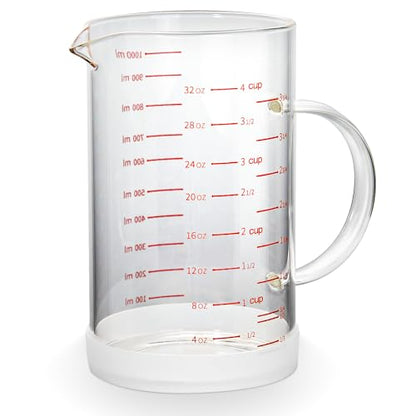 4 Cup Glass Measuring Cup with Handle, 77L High Borosilicate Glass Measuring Cup with V-Shaped and Three Scales (Cup, OZ, ML), Glass Liquid Beaker with Silicone Base, Double-Sided Measure Scales - color: Clear, size: 4 Cup, 1000ML
