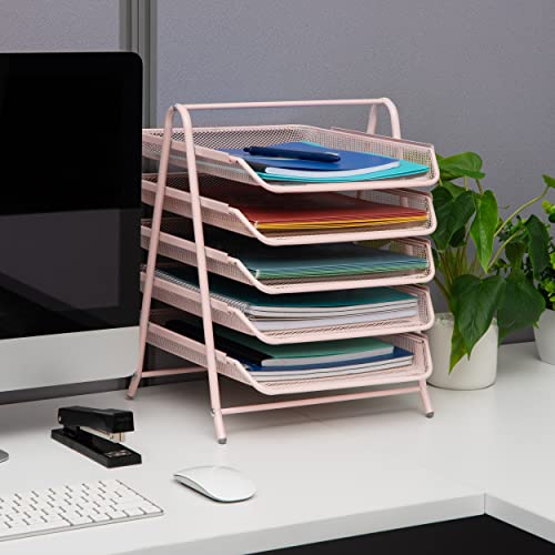 Mind Reader 5-Tier Paper Tray Organizer, Vertical Desktop File Storage Rack, Office, Metal Mesh, Pink (Pack of 6) - color: Pink, size: 11.8" x 14" x 15" (Pack of 6)