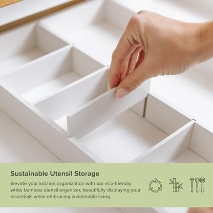 KitchenEdge Utensil & Junk Drawer Organizer, 19-33 in, White Bamboo - color: White Bamboo, size: From 19" to 33" Wide