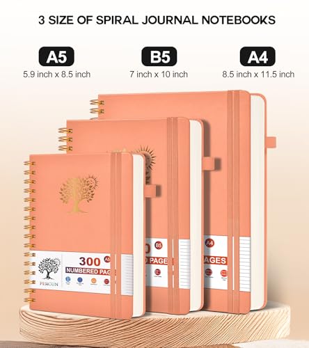 PERCUN Spiral Notebook 300 Numbered Lined Pages Hardcover Journal 8.5"x11" - color: Pink, size: A4 size (8.5in x 11.5in)