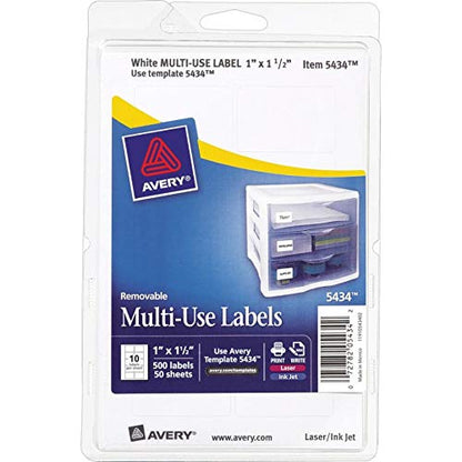 Avery® Self-Adhesive Removable Labels, 1 x 1.5 Inches, White, 500 per Pack (05434)