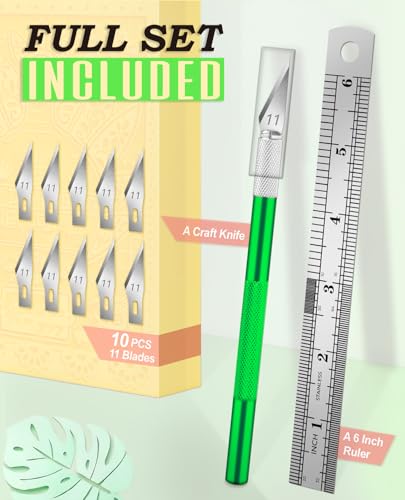 DIYSELF Craft Knife with 10 Extra #11 Blades, Precision Hobby Knife Set with Steel Ruler, Exacto Knife for Crafting, Polymer Clay, Pottery, Paper, Vinyl, Stencil & Model Making (Green) - color: Green-10pcs