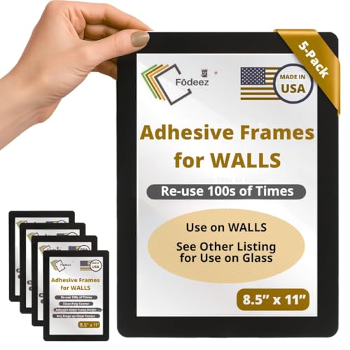 8.5 x 11 Adhesive Wall Frames - Peel & Stick Picture Frames, Wall Sign Holder, Paper & Letter Protector Sheets, Reusable, Dry Erase, Non Magnetic & Non Acrylic - Black, Pack of 5 - color: Black