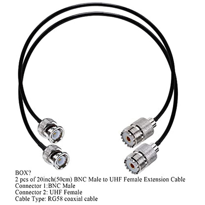 TUOLNK 2PCS BNC Male to SO239 RG58 Coaxial Cable UHF Female Jack Extension Cable, PL259 Female to BNC Pigtail for CB Radio, GPS Antenna 20inch (50cm) - size: 1.64ft-2pcs