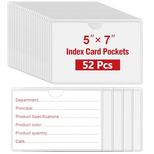 52 Pcs 5" x 7" Self Adhesive Index Card Pockets Label Pockets with Top Open for Loading, Clear Adhesive Pockets Labels Holders for Storage Bins, Library Card, Organizing(Index Card not Included) - size: 5" x 7"