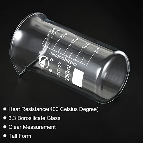 PATIKIL 250ml Tall Form Glass Beaker, 3.3 Borosilicate Glass Graduated Printed Scale Measuring Cups with Spout for Kitchen Lab Liquids Transit Boiling - size: 250ml