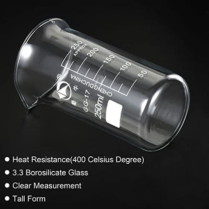 PATIKIL 250ml Tall Form Glass Beaker, 3.3 Borosilicate Glass Graduated Printed Scale Measuring Cups with Spout for Kitchen Lab Liquids Transit Boiling - size: 250ml