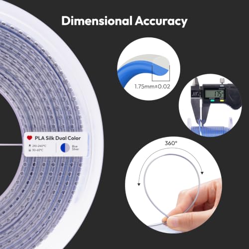 AMOLEN Silk PLA 3D Printer Filament, Dual Color Blue Silver PLA 1.75mm, Shiny Color Change Filament 3D Printing PLA Filament for Most FDM 3D Printer, 1kg Spool(2.2lbs) - color: Blue/Silver