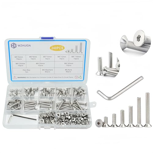 240 Pcs M5 Screws Assortment Kit, M5x6mm/8mm/10mm/12mm/16mm/20mm/25mm/30mm, Metric Hex Flat Head Countersunk Screws Nuts Washers Kit with Wrench, 304 Stainless Steel - size: M5 240Pcs