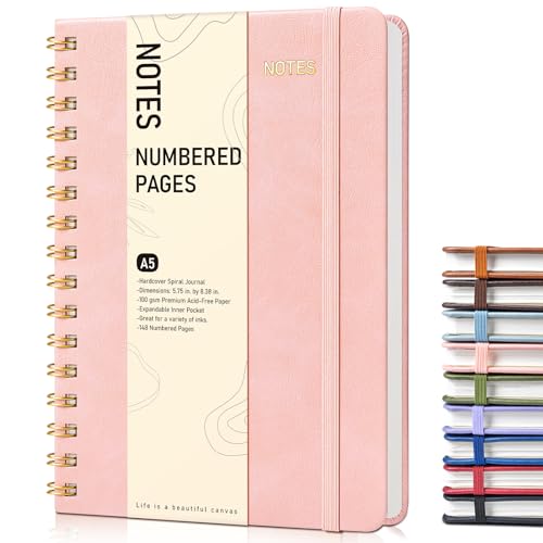 PAPEJOON Lined Spiral Journal Notebook for Women, A5 Hardcover Notebooks for Work, 150 Numbered Pages Pink Notebook, 100GSM College Ruled Journals for Writing, Note Taking, 5.75" x 8.38" - color: Blush Pink
