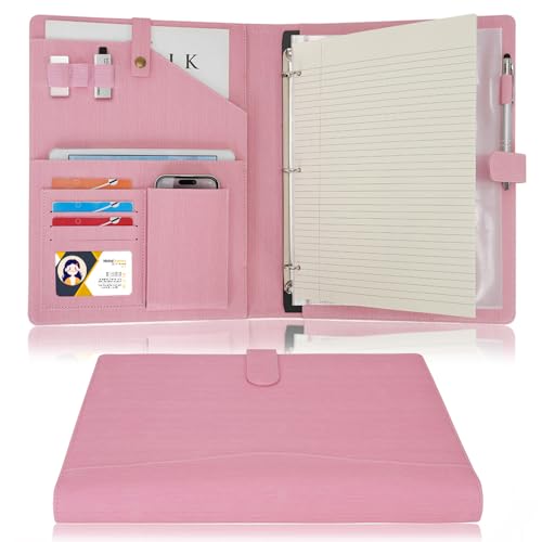 Wonderpool A4 PU Leather Portfolio Holder Ring File Document Case with Removable Binder Clipboard, Multi Pocket and Legal Pad for Business Organizer Interview and Meeting (Pink) - color: Pink