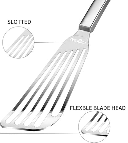 KSENDALO 1 Thin Flexible & Sturdy Fish Spatula Stainless Steel for Kitchen Cooking Use Fish Spatula Egg Flipper BBQ Flipper Stainless Steel Blade Thin Flexible, Welded Middle, Dishwasher Safe -Silver