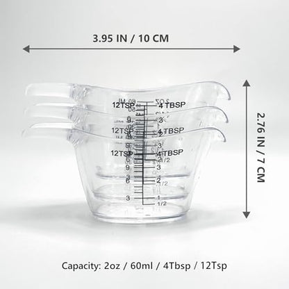 3 Pack 2 Ounce Measuring Cups, Food-Grade Plastic Small Measuring Cup for Hair Color, Hot Tub Chemicals & DIY Mixing, Mini Ounce Measure Cup with Easy-Read Markings