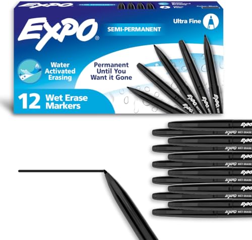 EXPO Wet Erase Markers, Semi-Permanent, Black, Ultra Fine Tip - For Writing on Glass, Whiteboards, Mirrors, Calendar, Labeling, Organizing, 12 Count (Pack of 12) - size: 12 Count (Pack of 12)
