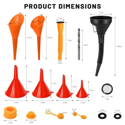 Sun Walker 19PCS Automotive Funnel Set & Gas Can Spout Replacement, Plastic Long Neck Oil Funnel Wide Mouth Funnels, Transmission Funnels Spouts Set for Filling Gasoline Oil Coolant