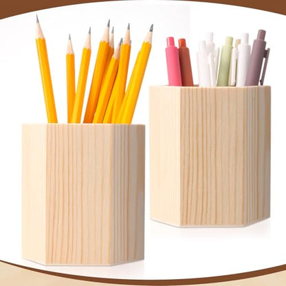 DoubleFill 12 Pack Wooden Pencil Holder Unfinished Wood Pen Holder for DIY Crafts 3 x 3 x 4 Inch Mini Wood Desk Organizer for Back to School Classroom Homemade Art Projects Supplies(Hexagonal)