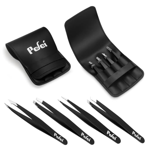 Pefei Tweezers Set - Professional Stainless Steel Tweezers for Eyebrows - Great Precision for Facial Hair, Splinter and Ingrown Hair Removal (Black) - size: 4 Piece set