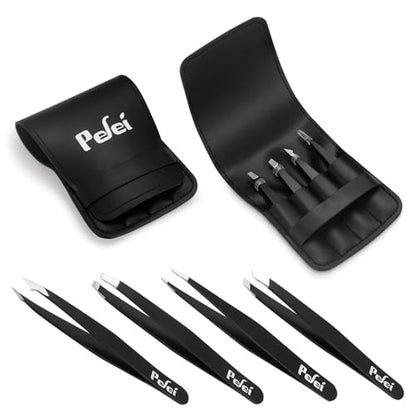 Pefei Tweezers Set - Professional Stainless Steel Tweezers for Eyebrows - Great Precision for Facial Hair, Splinter and Ingrown Hair Removal (Black) - size: 4 Piece set