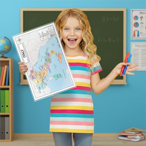 Italy Map Poster 11x17 | Laminated Double-Sided Geography Chart with Color Map Front & Blank Outline Back | Reusable Classroom & Homeschool Learning Tool - color: Italy