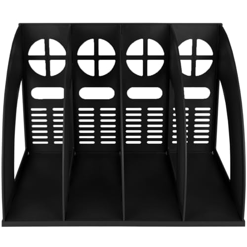 SAYEEC Sturdy Magazine Holder 4 Compartments Plastic Desktop File Organizer File Dividers Office Organizer Storage Document Magaizne Rack Display Box (Black) - color: Black-4 Sections