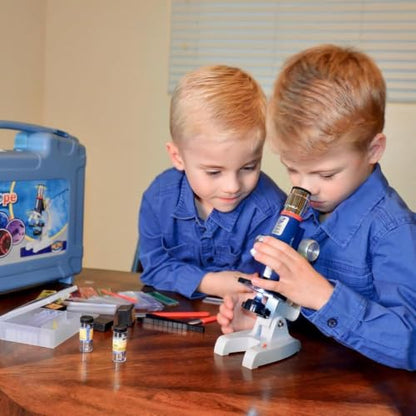 58-Piece Kids Microscope Kit - 100X-1200X Magnification, Metal Body, LED Light, Carrying Box - Science Experiment Toy for Kids Ages 5-12 - color: Blue