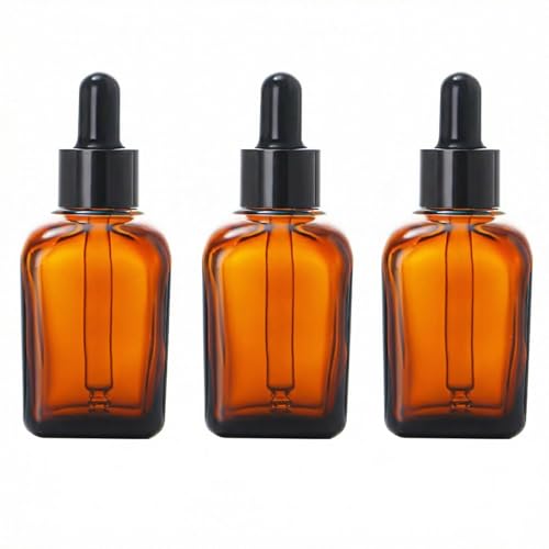ericotry 3PCS 100ml Empty Refillable Square Amber Glass Droppers Essential Oil Bottles Aromatherapy Cosmetics Elite Fluid Container Jar Pot Holder with Glass Eye Dropper And Rubber Bulb