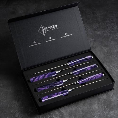 SENKEN 16-Piece Knife Block Set - Japanese High Carbon Stainless Steel with Damascus Pattern, Purple Resin Handles, 6 Steak Knives & Acacia Hardwood Block (Purple) - color: Purple