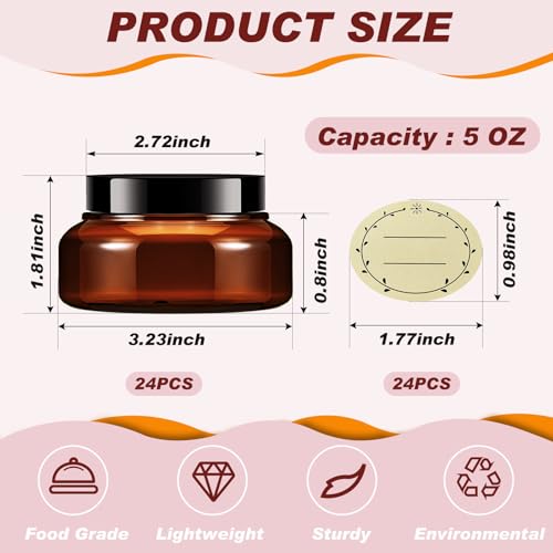 24 Pack Plastic Cosmetic Jars with Lids Label, 5 oz, Brown - color: Brown, size: 5 oz