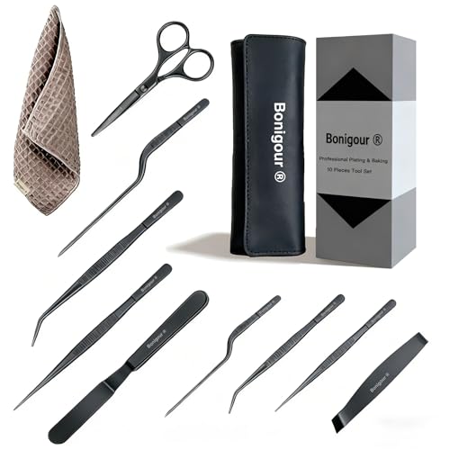 | Pastry Chef's Plating Tools Culinary Set | 10 Piece Professional Pastry Chef Plating Utensils | Spatula, Tweezers, Chef Scissors for Biscuit Decoration, Platig | Stainless Steel (Black) - color: Black
