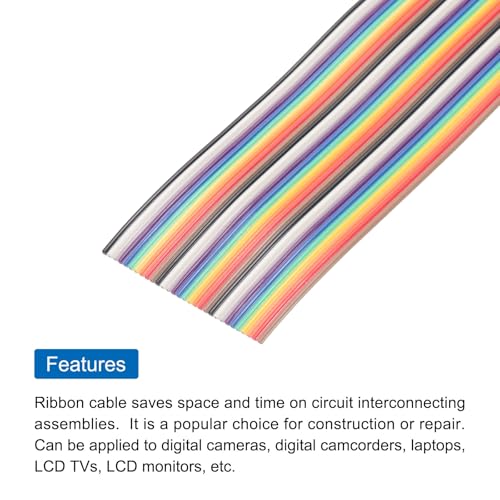 MECCANIXITY 1 Pcs 30 Pin Flat Rainbow Ribbon Cable 6.6 Ft 1.27mm Pitch Breadboard Jumper Wires for Electronic Projects - size: 6.6 Ft, style: 30P
