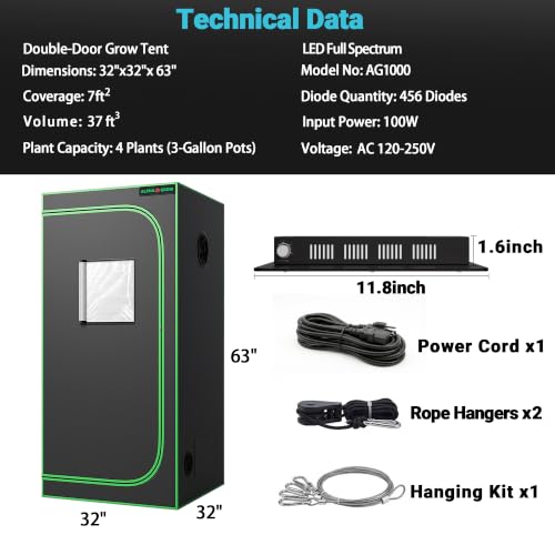 32x32 Grow Tent Kit with LED Grow Light, 32"x32"x63" 1680D Mylar Indoor Grow Tent Starter System with AG1000 100W Full Spectrum Dimmable Plant Light for Hydroponics, Herbs, Vegetables, Seedlings - size: 32" x 32" x 63"