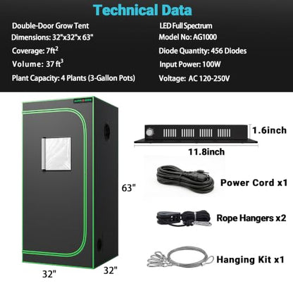 32x32 Grow Tent Kit with LED Grow Light, 32"x32"x63" 1680D Mylar Indoor Grow Tent Starter System with AG1000 100W Full Spectrum Dimmable Plant Light for Hydroponics, Herbs, Vegetables, Seedlings - size: 32" x 32" x 63"