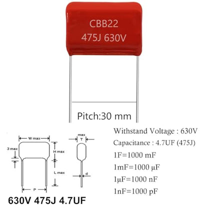 5pcs 630V 475J 4.7UF CB22 Metallized Polypropylene Polyester Film Capacitors Kit - style: 630V 475J 4.7UF