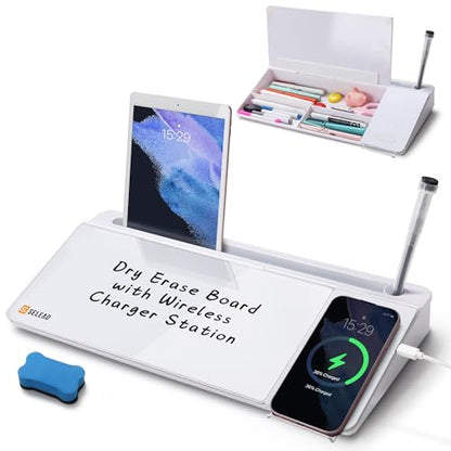 SELEAD Desktop Glass Whiteboard with Wireless Charger and Storage, White - color: White, size: 16"x7"