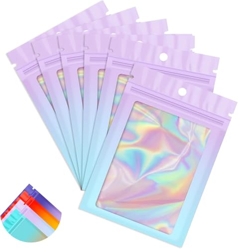 100 Pack Mylar Holographic Bags,Clear Window Foil Bag Seal Pouch Resealable Baggie with Zipper,Packaging Bag for Food Storage,Lash,Jewelry,Business Supplies-Purple Blue 4.3x7.5in - color: Purple Blue, size: 4.3x7.5 Inch