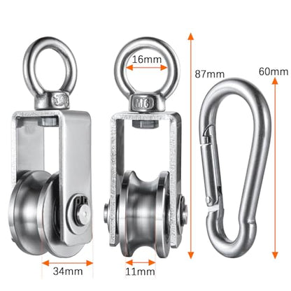 Pulley Wheel with Carabiner, Bearing Inside, Stainless Steel, Rope Cable Pulley for Pulley System, 2 Pack - size: Swivel Pulley with Carabiner