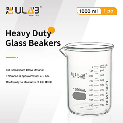 ULAB Heavy Duty Glass Beakers, Vol.1000ml (33.8oz), Borosilicate 3.3 Glass, Thick Wall Beakers, with Double Scale, Superior Durability & Chemical Resistance, UBG1064 - style: 1pc of Vol.1000ml