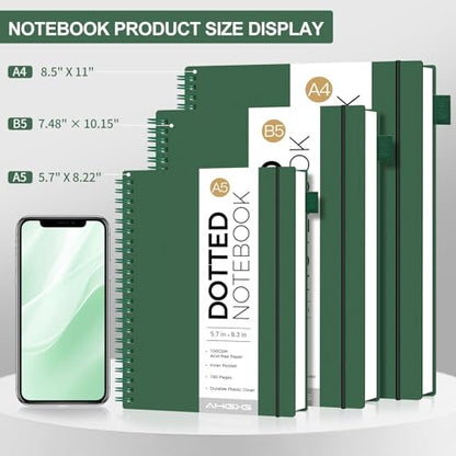 AHGXG Dotted Journal, Grid Spiral Notebook, 110 Pages, A4 (8.5" x 11") - color: Green, style: A4-Dotted