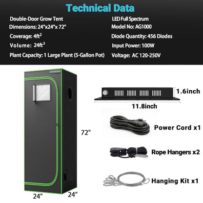 2x2 Tall Grow Tent Kit with LED Grow Light, 24"x24"x72" 1680D Mylar Indoor Grow Tent Starter System with AG1000 100W Full Spectrum Dimmable Plant Light for Hydroponics, Herbs, Vegetables, Seedlings - size: 24" x 24" x 72"