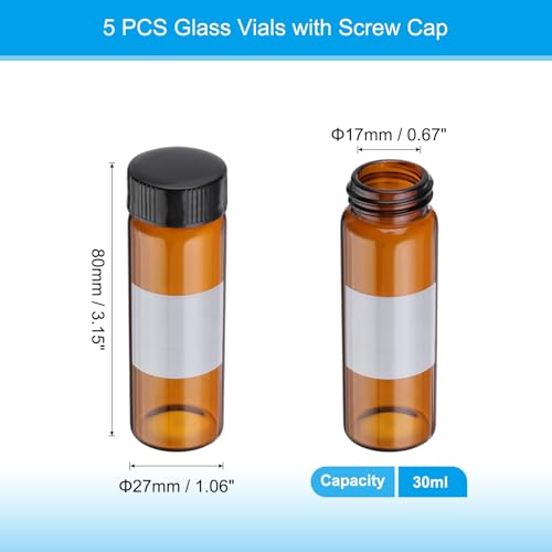 PATIKIL Small Glass Sample Bottles with Lids, 5 Pcs 30ml Amber Glass Vials with Black Screw Caps Mini Leak Proof Reagent Sealed Bottles with Writing Label for Solid Liquid Powder Storage - color: Black/Amber, size: 30ml