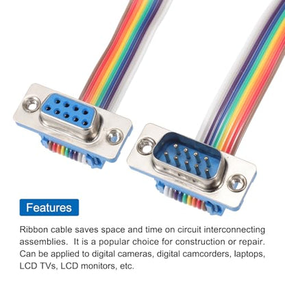 MECCANIXITY 2 Pcs IDC Rainbow Wire Flat Ribbon Cable DB9 Male to DB9 Female 3.9 Inch Length 2.54mm Pitch Breadboard Jumper Wires for Electronic Projects - size: 3.9 Inch, style: DB9 Male to DB9 Female