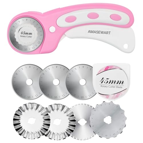 45mm Rotary Cutter for Fabric with 8pcs Rotary Blades, Rolling Fabric Cutter Crochet Edge Skip Stitch Blade Perforating Rotary Blade, Pinking Rotary Cutter for Quilting Crafts Sewing, Pink - color: Pink