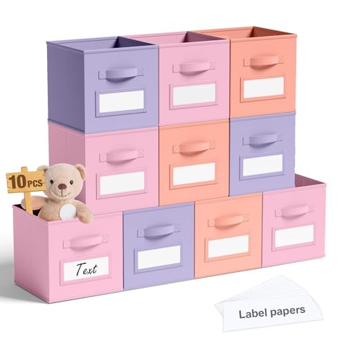 10 Pack Fabric Storage Cubes with Label 11" Collapsible Cube Bins, Pastel - color: Gentle Pink Purple, size: 11 Inch