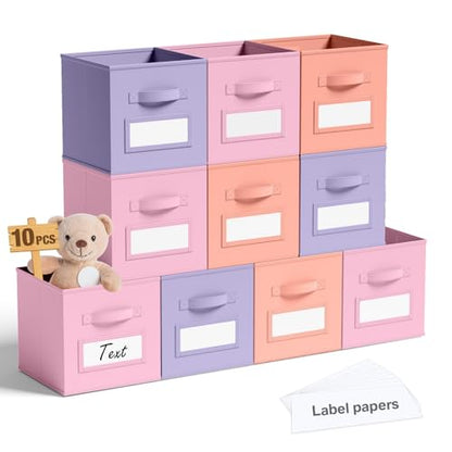 10 Pack Fabric Storage Cubes with Label 11" Collapsible Cube Bins, Pastel - color: Gentle Pink Purple, size: 11 Inch