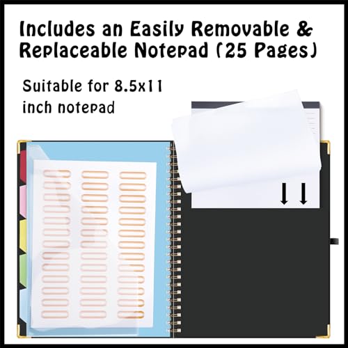 HAUTOCO Clipboard Folio with Refillable Lined Notepad for Letter Size (11" x 8.5"), 5 Dividers with 10 Pockets, Elastic Pen Holder and File Folder Labels, Spiral Nurse Clipboard Artboard(Black) - color: Black
