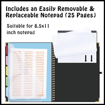 HAUTOCO Clipboard Folio with Refillable Lined Notepad for Letter Size (11" x 8.5"), 5 Dividers with 10 Pockets, Elastic Pen Holder and File Folder Labels, Spiral Nurse Clipboard Artboard(Black) - color: Black