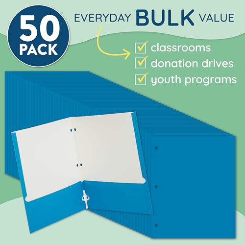 Blue Folders with Pockets, Paper Blue Pocket Folders with Business Card Holder, 3 Hole Punched, for Documents, Presentation, School, and Child Classes, Assorted Colors, 50 Pack - color: Light Blue